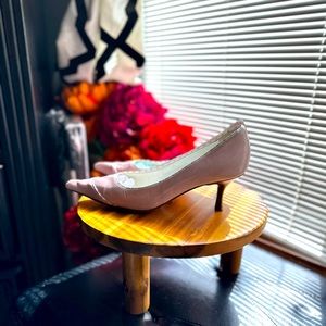 CHANEL Heels 38.5 Pink White Leather Pointed Toe Polka Dot Kitten Slip On pump